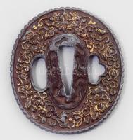 "Nanban" tsuba. Japán, cca 19. sz. Aranyozott fém, kopással, 6,5x6 cm, fa dobozban. /// &q...
