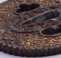 "Nanban" tsuba. Japán, cca 19. sz. Aranyozott fém, kopással, 6,5x6 cm, fa dobozban. /// &q...