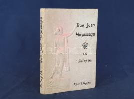 Zalay Masa:  Don Juan házassága és egyéb novellák. Gyoma, 1905. Kner Izidor ny. 1 t. (címkép) + [8] + 200 p. Egyetlen kiadás. Zalay Masa írónő többségében szerelmi tárgyú tárcanovellái az ,,Uj Idők társasági folyóirat hasábjain jelentek meg. A műhöz a Sydney Carton álnevet használó Rozsnyay Kálmán író és közhíresség írt előszót. Tételünk vélhetően egykoron szerelmi levelezőként szolgált, az első előzéken, a címoldalon és a novellák címoldalain elhelyezett, radírral finoman törölt egykori bejegyzések utalnak erre. A címképen, a címlapon és a belív néhány oldalán apró szakadásnyomok. Lévai-Haiman 1.132. Feliratozott, dombornyomott, enyhén sérült gerincű kiadói egészvászon kötésben, márványmintás festésű lapszélekkel.