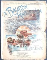 [Kotta] A Balaton háborgása. Ábránd. Op. 4. Szerzette Mihály Ignác. Budapest-Lipcse, 1910. Rózsavölgyi és Társa Zeneműkereskedése - Röder C. G., Leipzig. 7 + [1] p. 37-ik ezer. Mihályi Ignác (1843-1886) dualizmus kori zeneszerző közismert zongoraslágerének 1917. évi címlapkiadása. A zeneszám az 1880-as évek népszerű darabja volt, feljegyzések szerint az 1895-ben a Balatonfüredre látogató Wlassics Gyula vallásügyi minisztert is a helyi színezetű zongoraopusz előadásával fogadták (Borsszem Jankó, 1895. június 16). Magyar koloritja folytán a mű évtizedekig a hazai zenetanodai vizsgák és előadások népszerű darabja volt, az 1930-as, 1940-es évekig rádióműsorokban is előfordult. A Rózsavölgyi és Társa Kiadó kiadványunk tanúsága szerint 1910-ben szerezte meg a zenemű kiadási jogát, példányunk színes balatoni zsánerjelenetet ábrázoló címlapja az etűd 1917. évi utánnyomásából való. A címoldalon régi tulajdonosi bejegyzések. A belív néhány oldalán kézírásos zenetanári instrukciók, a leveleken oldalt kisebb szakadásnyom. A kotta hátsó fedőborítóján kedvcsináló gyanánt Horváth G. zeneszerző tizenkét zongoradarabjának rövid, bevezető részlete, ,,Leichte ungarische Fantasien" címmel. Poss.: Klein Franciska III. B. osztályos tanuló; Hudácsek Anna. Fűzve, papírcsíkkal erősített, színes, kissé sérült kiadói borítóban.