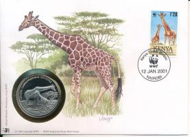 Kenya DN (1991) &quot;A Világ Vadvédelmi Alap (WWF) 30. évfordulója - Giraffa Camelopardalis Reticula (Recés zsiráf)&quot; kétoldalas fém emlékérem érmés borítékban, bélyeggel és bélyegzéssel, német nyelvű ismertetővel T:PP Kenya ND (1991) &quot;30th Anniversary of the World Wildlife Fund - Giraffa Camelopardalis Reticula&quot; two-sided metal commemorative medallion in envelope with stamp and cancellation, with German description C:PP