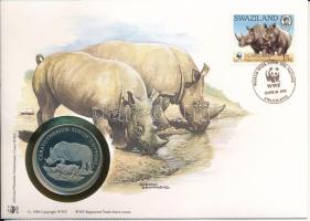 Szváziföld DN (1991) "A Világ Vadvédelmi Alap (WWF) 30. évfordulója - Ceratotherium Simum Cottoni (Északi szélesszájú orrszarvú)" kétoldalas fém emlékérem érmés borítékban, bélyeggel és bélyegzéssel, német nyelvű ismertetővel T:PP Swaziland ND (1991) "30th Anniversary of the World Wildlife Fund - Ceratotherium Simum Cottoni" two-sided metal commemorative medallion in envelope with stamp and cancellation, with German description C:PP