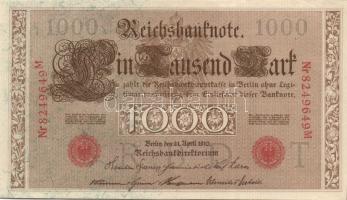 Német Birodalom / Császárság 1910. 1000M (3x) háború utáni nyomat piros bélyegzővel, zöld fázercsíkk...