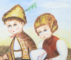 Jelzés nélkül: Kisfiú és kislány. Vegyes technika, papír. 54x35 cm. Üvegezett fakeretben