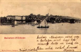 1901 Balatonföldvár, fürdőkabinok a parton, vitorlás. Klösz György kiadása (EK)