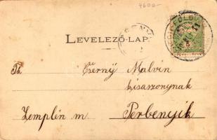 1901 Balatonföldvár, fürdőkabinok a parton, vitorlás. Klösz György kiadása (EK)