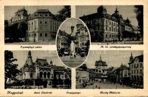 1944 Nagyvárad, Oradea; Igazságügyi palota, M. kir. Pénzügyigazgatóság, Szent László tér, Bémer tér, Országzászló / Palace of Justice, financial directorate, squares, Hungarian flag (Rb)