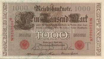 Német Birodalom / Császárság 1910. 1000M (3x) háború utáni nyomat piros bélyegzővel, zöld fázercsíkk...