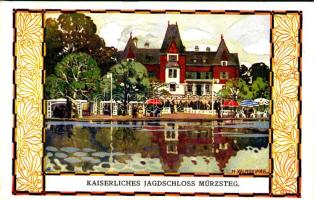 1910 Wien, Erste Internationale Jagdausstellung. Kaiserliches Jagdschloss Mürzsteg / The First International Hunting Exposition in Vienna. Advertisement art postcard s: H. Kalmsteiner (EK)