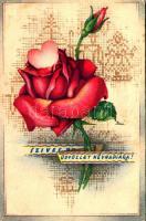 Szívélyes üdvözlet névnapjára! / Name Day greeting art postcard with rose s: Bozó (EB)