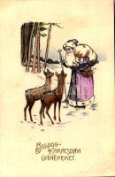 1912 Boldog karácsonyi ünnepeket / Christmas greeting art postcard with Saint Nicholas and deer (fl)