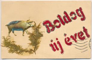 1913 Boldog Újévet / New Year greeting with pig and real dried flower (EK)