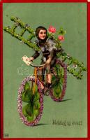 1913 Boldog Újévet / New Year greeting with chimney sweeper, bicycle and clovers. EAS litho (EK)