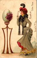 1901 Divatos hölgy tojással / Fashion lady with egg. litho (EK)