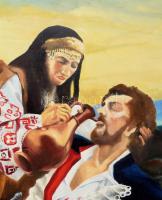 Olvashatatlan jelzéssel, feltehetően szerb festő: Csatajelenet. Olaj, farost. 80x120 cm. KIZÁRÓLAG S...