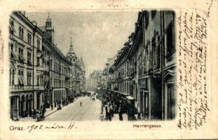 1902 Graz (Steiermark), Herrengasse / street view, tram, shops (wet damage)