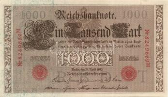 Német Birodalom / Császárság 1910. 1000M (6x) háború utáni nyomat piros bélyegzővel, zöld fázercsíkk...