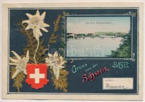 1909 Basel, Die drei Rheinbrücken. Gruss aus der Schweiz / bridges. Art Nouveau, Floral frame with real dried Edelweiss flower and Swiss coat of arms (Rb)