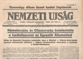 [II. Világháború] Nemzeti Ujság. 1941. december 12. (Napilap, XXIII. évfolyam, 283. szám) "Tizennégy állam üzent hadat Japánnak -- Németország és Olaszország bejelentette a hadiállapotot az Egyesült Államokkal -- Hitler és Mussolini beszéde indokolta meg a döntést - Német-olasz-japán katonai szövetséget kötöttek - Nehéz harckocsikkal támadnak a japánok a Maláji-félszigeten." Félbehajtva, jó állapotban.