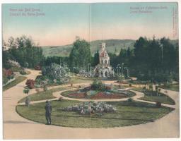 Vatra Dornei, Dornavátra, Bad Dorna-Watra (Bukovina, Bucovina, Bukowina); Kurpark mit Falkenhayn-Quelle / Izvorul Falkenhayn / spa park with mineral water spring. 2-tiled folding panoramacard + "K.u.K. Eisenbahnregiment 2. Betriebs Komp. (I. Sektion)" (fl)