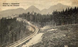 1915 Tátra, Magas-Tátra, Vysoké Tatry; Csorbatói fogaskerekű vasútvonal. Üdvözlet a Kárpátokból / Strbské Pleso cogwheel railway line (fa)