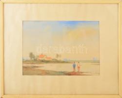 Sáros András (1912-1983): Pecázók, 1966. Akvarell, papír, jelzett. Üvegezett fakeretben. 23x33 cm