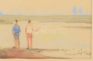Sáros András (1912-1983): Pecázók, 1966. Akvarell, papír, jelzett. Üvegezett fakeretben. 23x33 cm