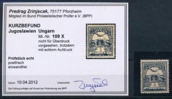 SHS 1918 Turul 1f próbanyomat Bodor vizsgálójellel. Certificate: Zrinjscak