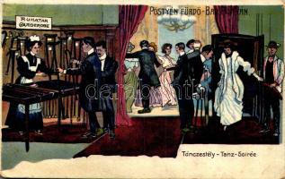 1914 Pöstyén, Piestany; Táncestély a fürdőben, ruhatár, humor / Tanz-Soirée / dance night at the spa, humour s: Mühlbeck Károly (fl)