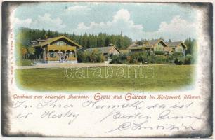 1903 Kladská, Glatzen, Kaiserwald Glatzen (Mariánské Lázne, Marienbad); Gruss aus Glatzen bei Königswart (Lázne Kynzvart, Bad Königswart), Böhmen, Gasthaus zum balzenden Auerhahn / inn, hotels