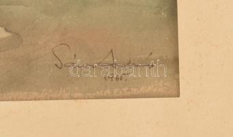 Sáros András (1912-1983): Faluvége, 1965. Akvarell, papír, jelzett. Paszpartuban. 23,5x33 cm