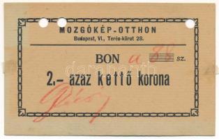 Budapest 1919-1925. "Mozgókép-Otthon" bon 2K értékben, kézi sorszámmal és aláírással, lyukasztással érvénytelenítve T:AU fo., kétoldalt falcnyom Adamo BUC-185.2.1