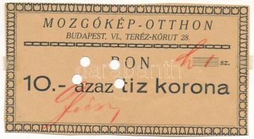 Budapest 1919-1925. "Mozgókép-Otthon" bon 10K értékben, kézi sorszámmal és aláírással, jobb felső sarokban egy fél lyukasztás nyoma T:XF fo., kétoldalt falcnyom Adamo BUC-185.4.1