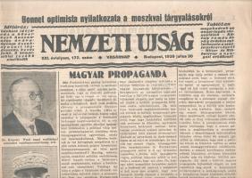 [II. Világháború] Nemzeti Ujság. 1939 julius 30. (Napilap, XXI. évfolyam, 172. szám) &quot;Bonnet optimista nyilatkozata a moszkvai tárgyalásokról -- Magyar propaganda -- Erdélyi esküvő -- Megakadtak az angol-japán tárgyalások.&quot; Félbehajtva, jó állapotban.