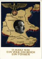 1938 März 13. Ein Volk, ein Reich, ein Führer! / Adolf Hitler, NSDAP German Nazi Party propaganda, map, swastika. 6 Kpf. Ga.