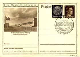 1942 Lernt Deutschland kennen! Stadt der Reichsparteitag Nürnberg Zeppelinfeld-Haupttribüne + 6 Ga. / WWII German Nazi propaganda + "1942 Wien Europaeischer Jugendverband Gründungstagung" So. Stpl