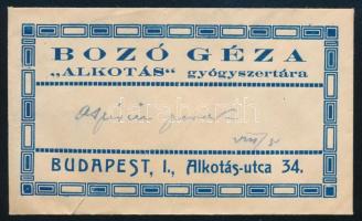 cca 1920 "Bozó Géza "Alkotás" Gyógyszertára Budapest, I., Alkotás-utca 34." borítékja, foltos, 6x10 cm