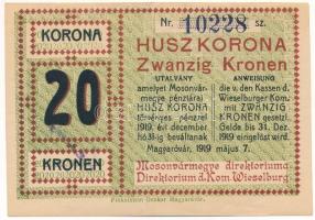 Magyaróvár / Mosonvármegye Direktóriuma 1919.05.07. 20K papír szükségpénz, hátoldalán bélyegzés, aláírás és sorszám T:F Adamo MAG-1.4