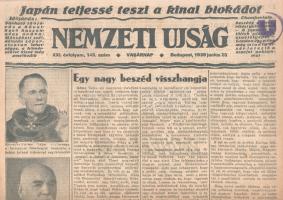 [II. Világháború] Nemzeti Ujság. 1939. junius 25. (Napilap, XXI. évfolyam, 143. szám) "Japán teljessé teszi a kinai blokádot - Egy nagy beszéd visszhangja- A lidércnyomás." Félbehajtva, jó állapotban.