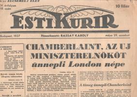 [II. Világháború] Esti Kurir. 1937. május 29. (Napilap, XV. évfolyam, 119. szám) "Chamberlaint, az uj miniszterelnököt ünnepli London népe -- Az uj kormány -- Az angol sajtó Boldwin érdemeiről." Félbehajtva, jó állapotban.