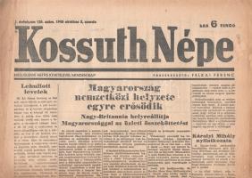 [II. Világháború] Kossuth Népe. 1945. október 3. (Napilap, I. évfolyam, 128. szám) "Magyarország nemzetközi helyzete egyre erősödik -- Nagy-Britannia helyreállítja Magyarországgal az üzleti összeköttetését -- Ekét húznak és követ törnek Szlovákiában az internált magyarok." Félbehajtva, jó állapotban.