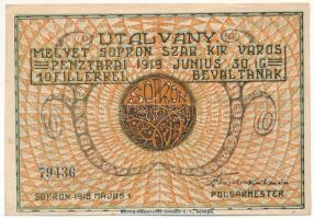 Sopron 1918. május 1. 10f utalvány T:AU,XF hajtatlan, de több kisebb nagyobb hajlással
Adamo SOP4.1