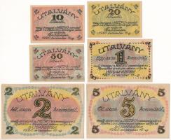 Budapest / Metro Vízmérőgyár Rt. 1920-1922. 10f + 20f + 50f + 1K + 2K + 5K utalvány. Teljes sor! T:U...