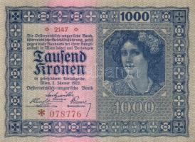 Ausztria / Osztrák-Magyar Bank 1922. 1000K (2x) egymás utáni sorszámokkal T:I