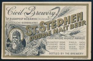 cca 1911 után Civil Brewery of Budapest-Kőbánya St. Stephen Double Malt Beer. Bp., Klösz Gy. és Fia-ny., 8x12 cm