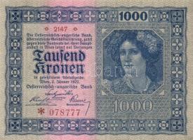 Ausztria / Osztrák-Magyar Bank 1922. 1000K (2x) egymás utáni sorszámokkal T:I