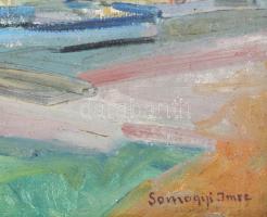 Somogyi Imre (1918-1999): Balatoni kikötő vitorlásokkal. Olaj, vászon. Jelzett. Hátoldalán autográf ...