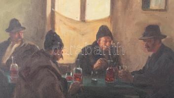 Zórád Géza (1896-1959): Borozó társaság. Olaj, vászon. Jelzett. Sérült. Dekoratív, sérült fakeretben...