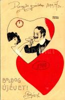 1899 (Vorläufer) Boldog Újévet / New Year greeting art postcard with couple and hearts. Art Nouveau s: Raphael Kirchner (gyűrődések / creases)