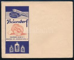 cca 1930 Beiersdorf Vegyészeti Gyár, Bp., XIV., Komócsy-u. 14., a gyár termékeivel (Nivea, Leukoplast) illusztrált reklámos boríték